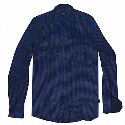 Μακρυμάνικο πουκάμισο διακριτικό καρώ σε μπλε σκούρο με καφέ