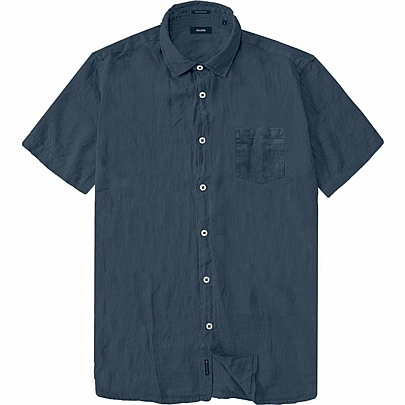 Λινό κοντομάνικο πουκάμισο με τσέπη σε μπλε